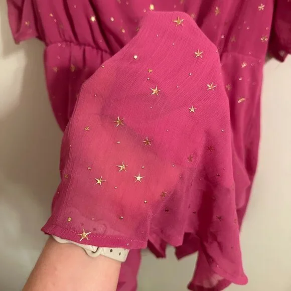 Allegra K Pink and Gold Stars Dress Size Medium | Princess Ruched Sleeves Barbie - Picture 7 of 14